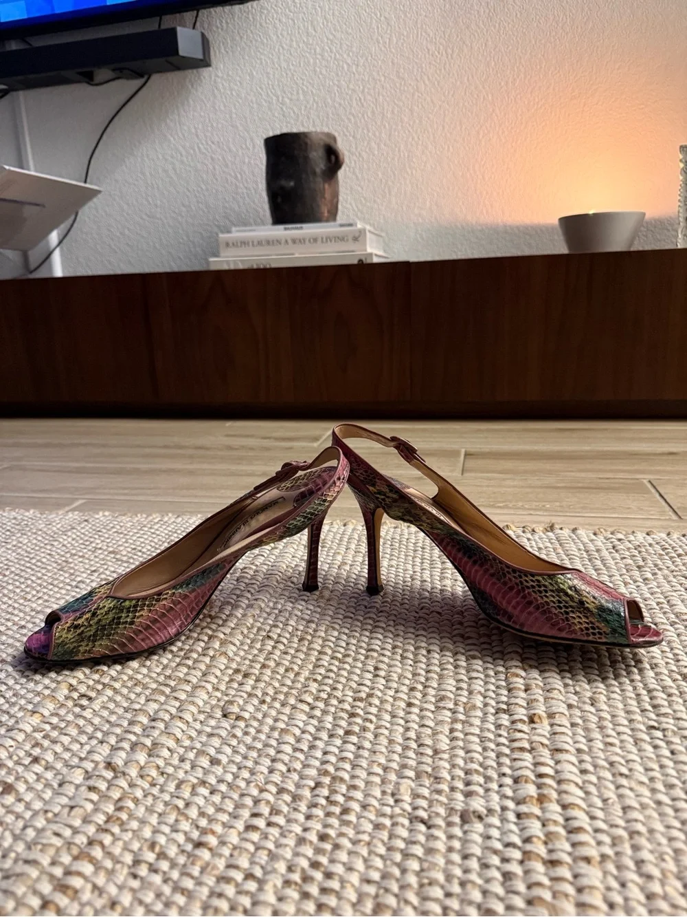 Vintage Manolo Blahnik Snakeskin Slingback Heels | Peep-Toe Pumps | Size 39.5